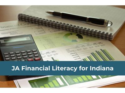 image of calculator and financial sheets with JA Financial Literacy for Indiana written out